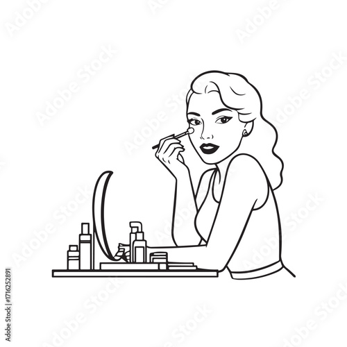 Black and white line art of a beautiful woman doing makeup at dressing table with mirror illustration