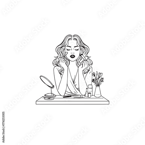 Black and white line art of a beautiful woman doing makeup at dressing table with mirror illustration