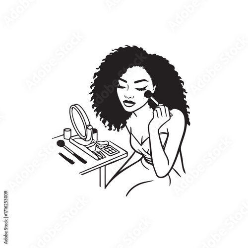 Black and white line art of a beautiful woman doing makeup at dressing table with mirror illustration