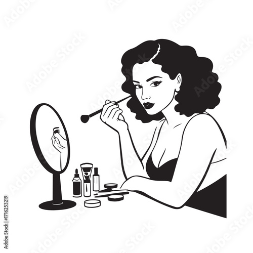 Black and white line art of a beautiful woman doing makeup at dressing table with mirror illustration