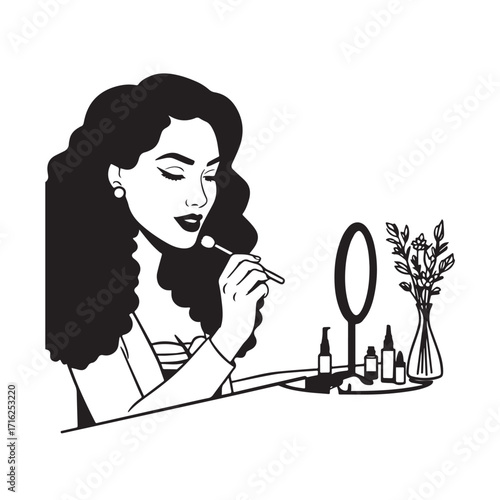 Black and white line art of a beautiful woman doing makeup at dressing table with mirror illustration