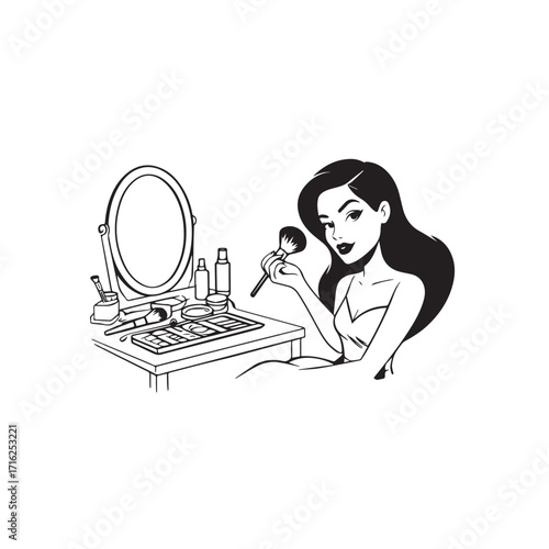 Black and white line art of a beautiful woman doing makeup at dressing table with mirror illustration