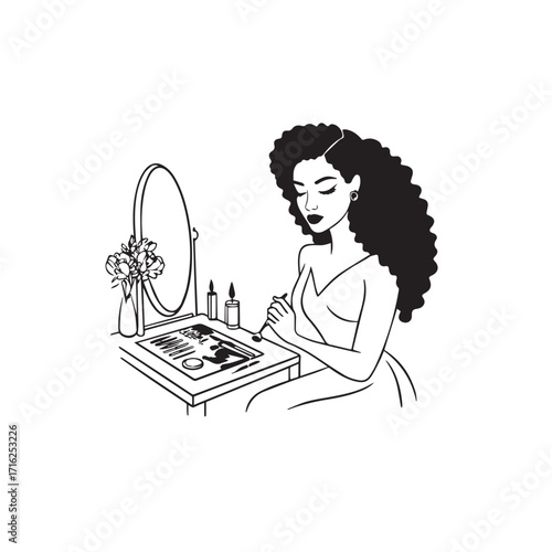 Black and white line art of a beautiful woman doing makeup at dressing table with mirror illustration