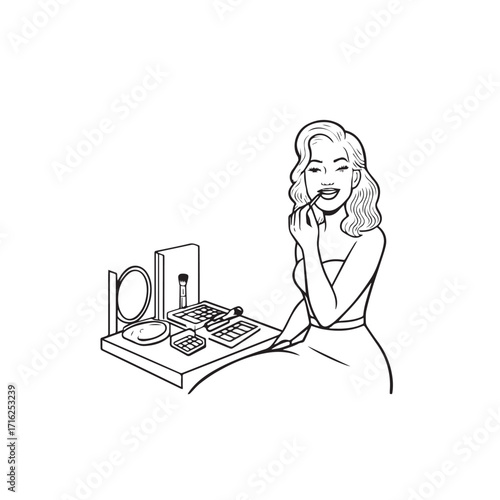 Black and white line art of a beautiful woman doing makeup at dressing table with mirror illustration