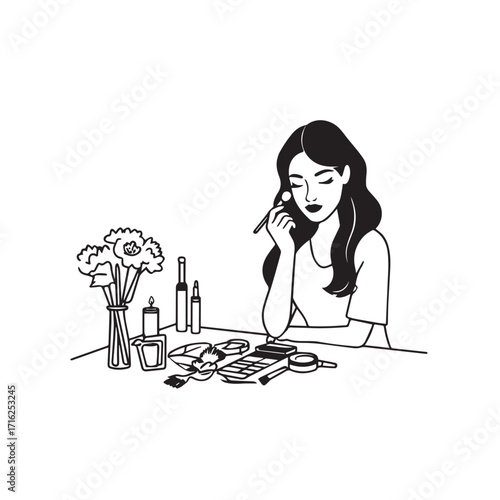 Black and white line art of a beautiful woman doing makeup at dressing table with mirror illustration