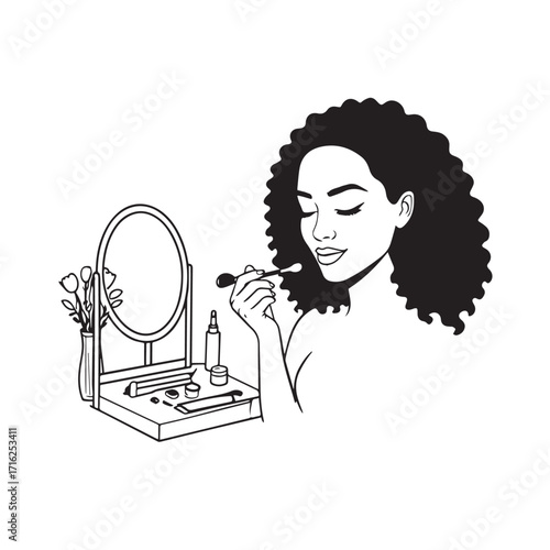 Black and white line art of a beautiful woman doing makeup at dressing table with mirror illustration
