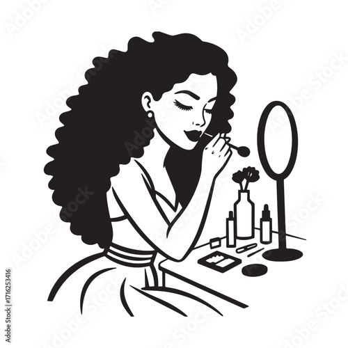 Black and white line art of a beautiful woman doing makeup at dressing table with mirror illustration