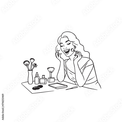Black and white line art of a beautiful woman doing makeup at dressing table with mirror illustration