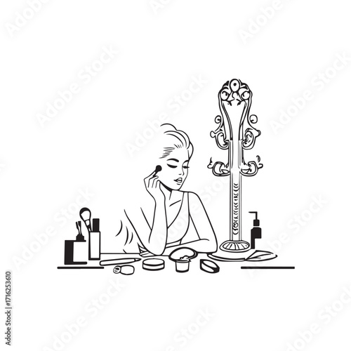 Black and white line art of a beautiful woman doing makeup at dressing table with mirror illustration