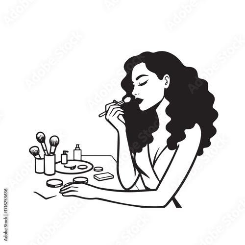 Black and white line art of a beautiful woman doing makeup at dressing table with mirror illustration