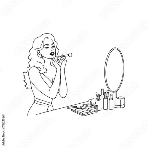 Black and white line art of a beautiful woman doing makeup at dressing table with mirror illustration