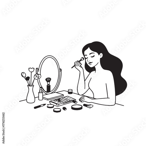 Black and white line art of a beautiful woman doing makeup at dressing table with mirror illustration