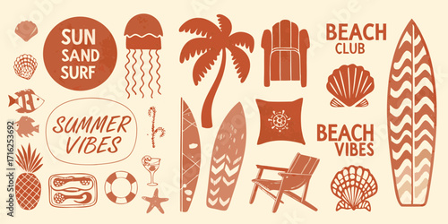 Collection of summer beach icons and text elements for vacation and relaxation