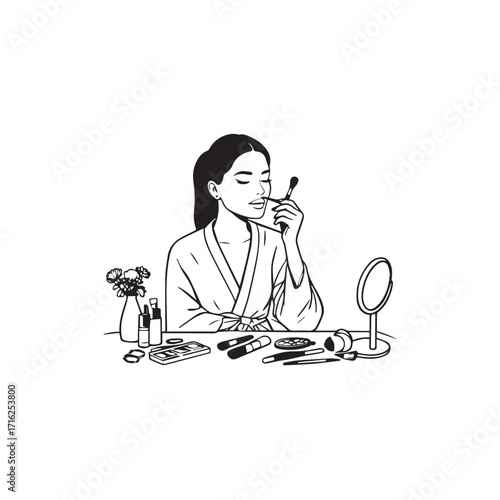 Black and white line art of a beautiful woman doing makeup at dressing table with mirror illustration