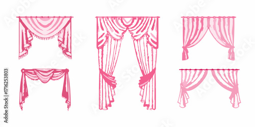 Collection of elegant pink draped curtains and valances in various styles for window decoration