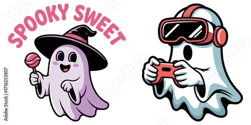 Cute Halloween Ghost Characters Vector Set - Spooky Sweet Witch and Gamer Ghosts