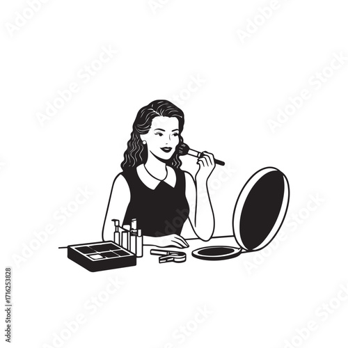 Black and white line art of a beautiful woman doing makeup at dressing table with mirror illustration