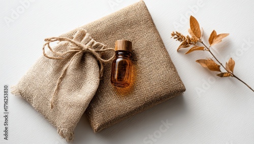 Beige gift wrap, tied pouch, amber bottle, dried sprig