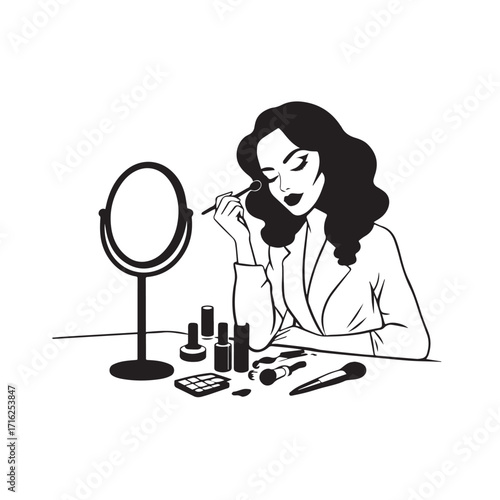 Black and white line art of a beautiful woman doing makeup at dressing table with mirror illustration