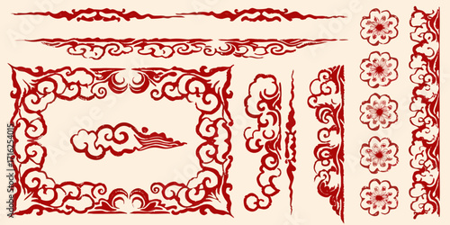 Collection of traditional chinese red ink brush stroke decorative elements and borders with floral and cloud motifs