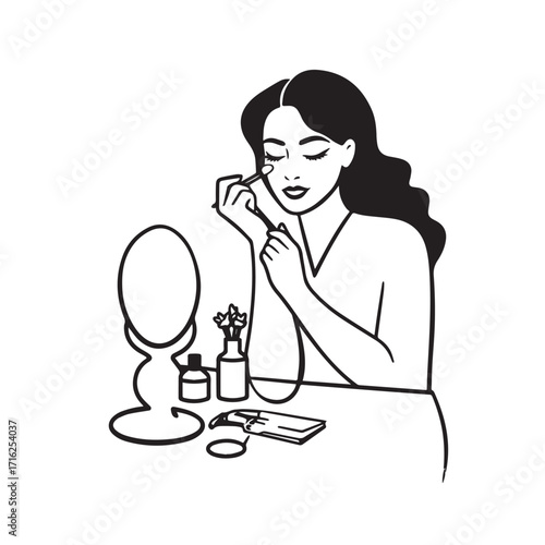 Black and white line art of a beautiful woman doing makeup at dressing table with mirror illustration