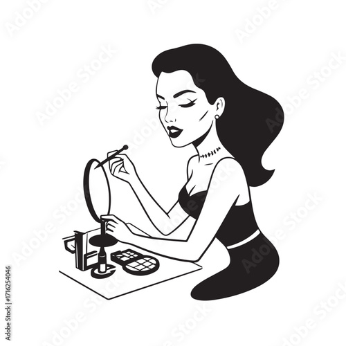 Black and white line art of a beautiful woman doing makeup at dressing table with mirror illustration