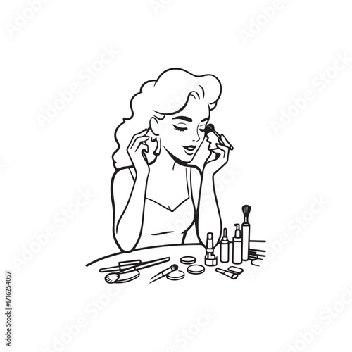 Black and white line art of a beautiful woman doing makeup at dressing table with mirror illustration