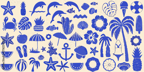Vibrant blue summer beach icons and tropical elements collection on beige background