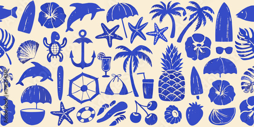 Seamless blue summer vacation pattern with tropical elements and beach icons on a beige background