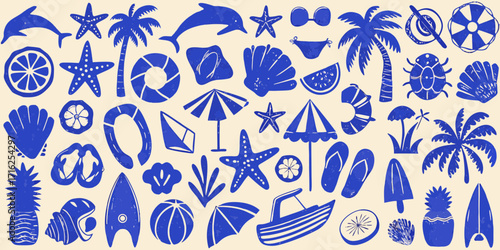 A collection of blue summer beach vacation icons and symbols on a light beige background