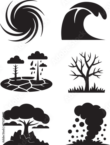 Natural disaster icons show danger and destruction