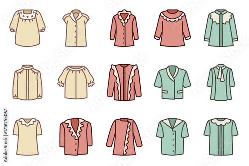Flat illustrations of tops with clean outlines, featuring a variety of collar and neckline designs.