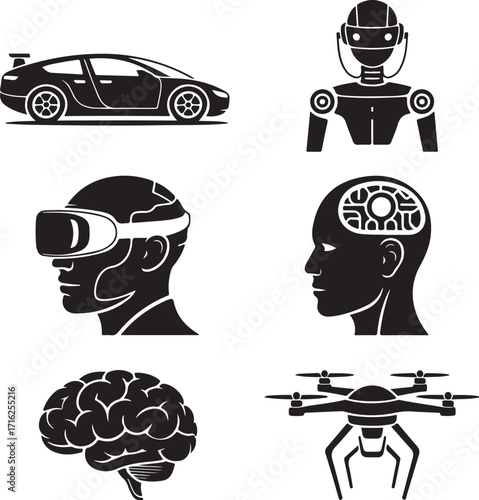 Future tech icons: AI, VR, drone, car, brain