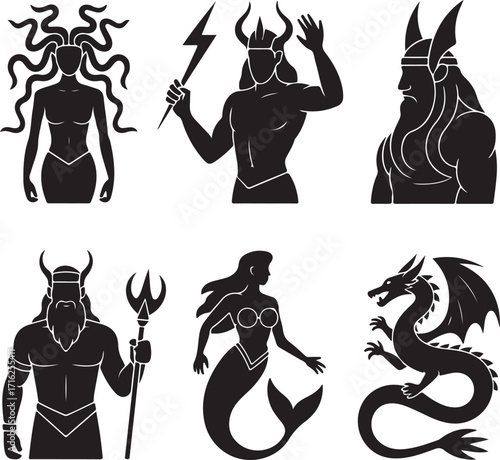 Mythical creatures and gods silhouette collection