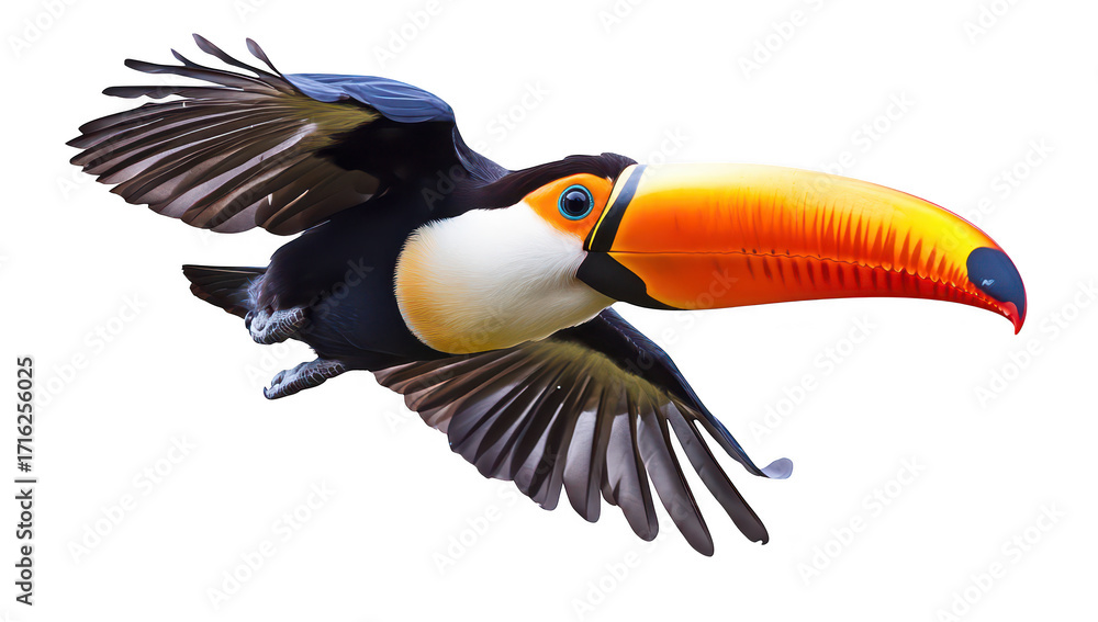 Naklejka premium A toucan in mid-flight. its colorful beak and feathers against a clean white background. symbolizing natures beauty and wildlife photography potential