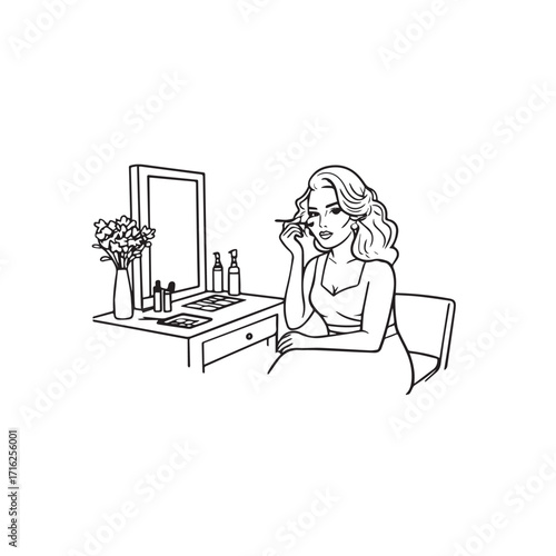 Black and white line art of a beautiful woman doing makeup at dressing table with mirror illustration