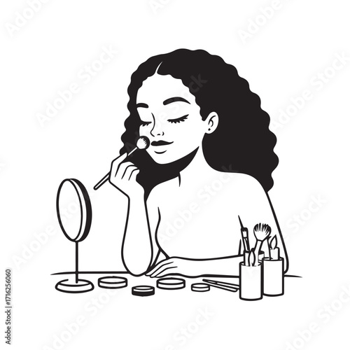 Black and white line art of a beautiful woman doing makeup at dressing table with mirror illustration