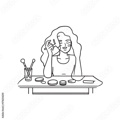 Black and white line art of a beautiful woman doing makeup at dressing table with mirror illustration