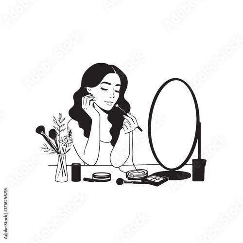 Black and white line art of a beautiful woman doing makeup at dressing table with mirror illustration