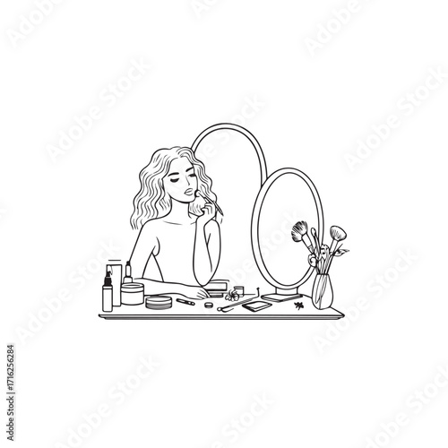 Black and white line art of a beautiful woman doing makeup at dressing table with mirror illustration