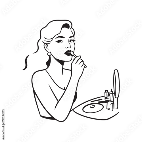Black and white line art of a beautiful woman doing makeup at dressing table with mirror illustration