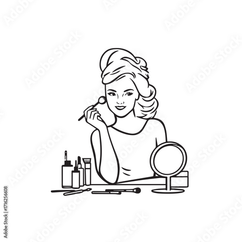 Black and white line art of a beautiful woman doing makeup at dressing table with mirror illustration