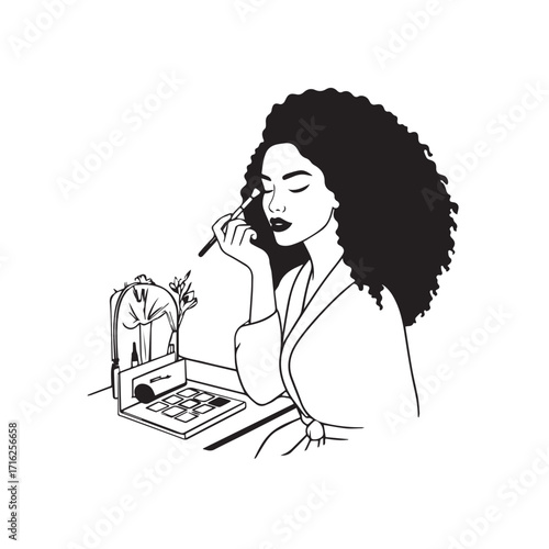 Black and white line art of a beautiful woman doing makeup at dressing table with mirror illustration