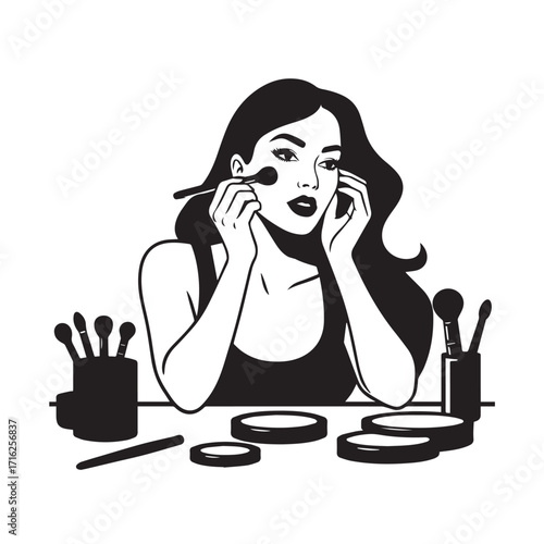 Black and white line art of a beautiful woman doing makeup at dressing table with mirror illustration