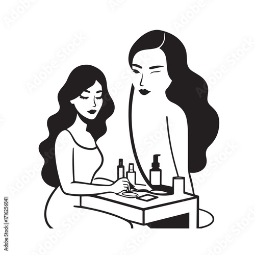 Black and white line art of a beautiful woman doing makeup at dressing table with mirror illustration