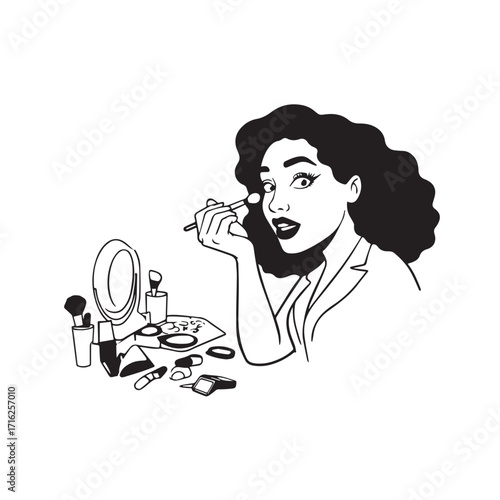 Black and white line art of a beautiful woman doing makeup at dressing table with mirror illustration