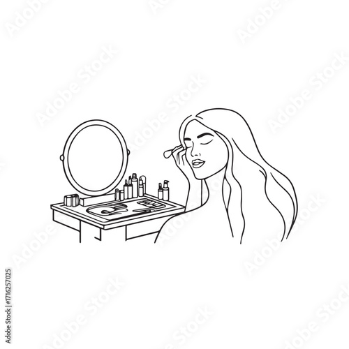 Black and white line art of a beautiful woman doing makeup at dressing table with mirror illustration