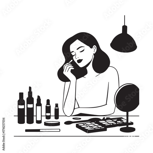 Black and white line art of a beautiful woman doing makeup at dressing table with mirror illustration