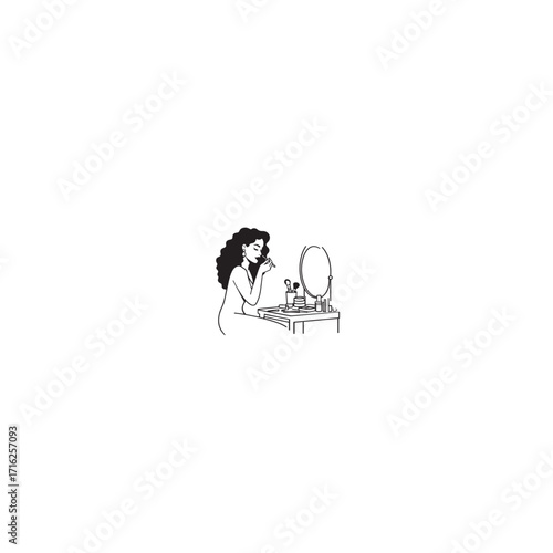 Black and white line art of a beautiful woman doing makeup at dressing table with mirror illustration
