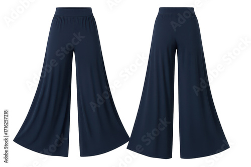 Dark blue wide-leg palazzo pants for women, isolated on transparent background.